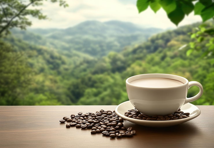 Minimalist morning coffee setup used as a background for short Instagram captions