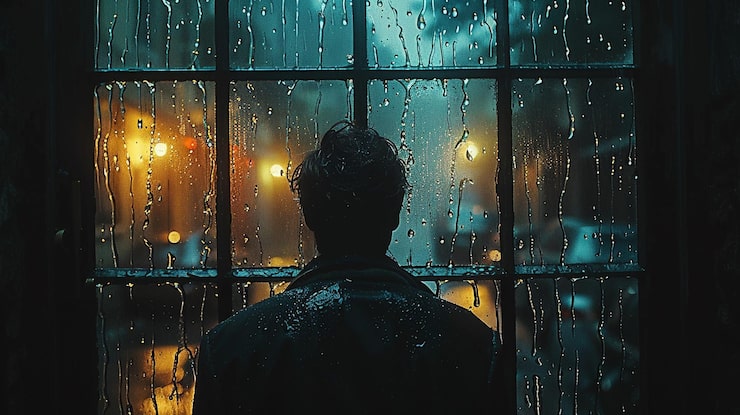 Moody rain on glass window matching positive life quotes for Instagram about strength